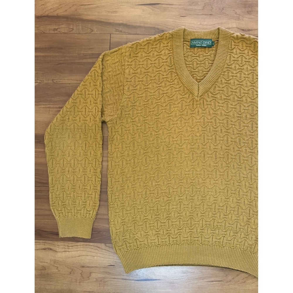 Amino Dino Textured Knit V-Neck Sweater LS Mustard Yellow Men's Size Large L - Picture 4 of 11